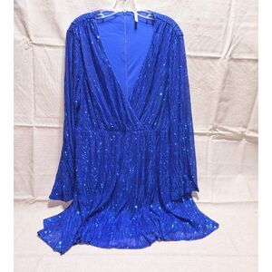 D&M Royal Blue Sequin Faux Wrap Mini Dress Plus Size 2XL Long Bell Sleeve